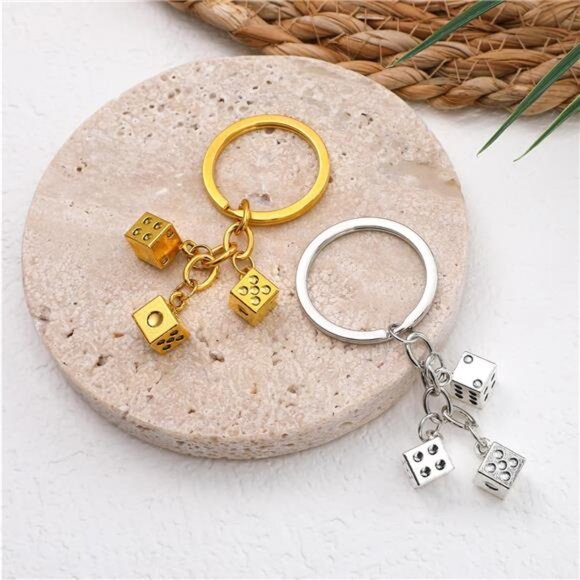 2 Pcs Metal Dice Keychain, Alloy Dice Bag Charm with Black Dots Vintage Style - Picture 4 of 8